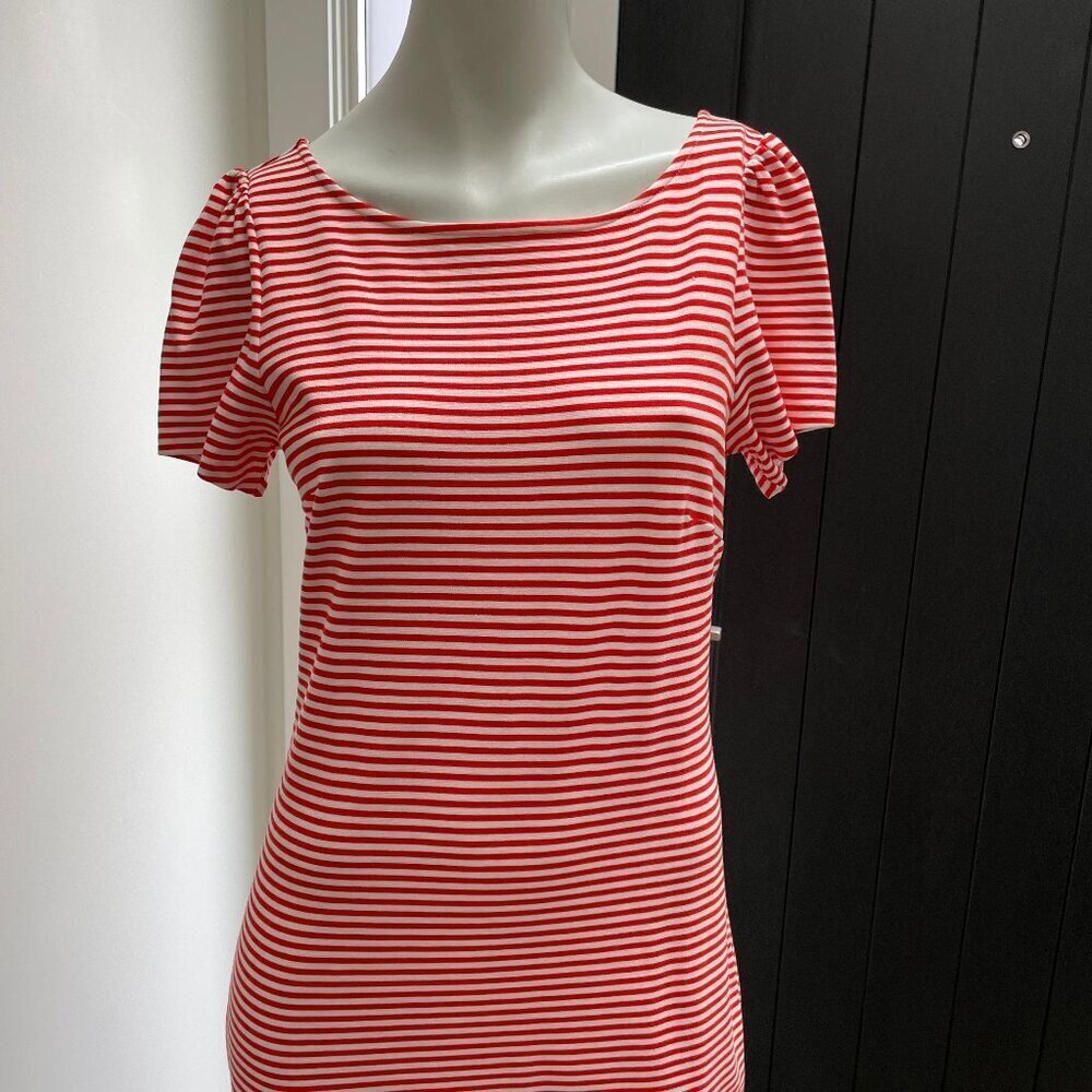 Ann Taylor Petite SS Jewel Neck Striped Midi Dress Orangey Red White Sz 6P NWOT - Picture 2 of 13